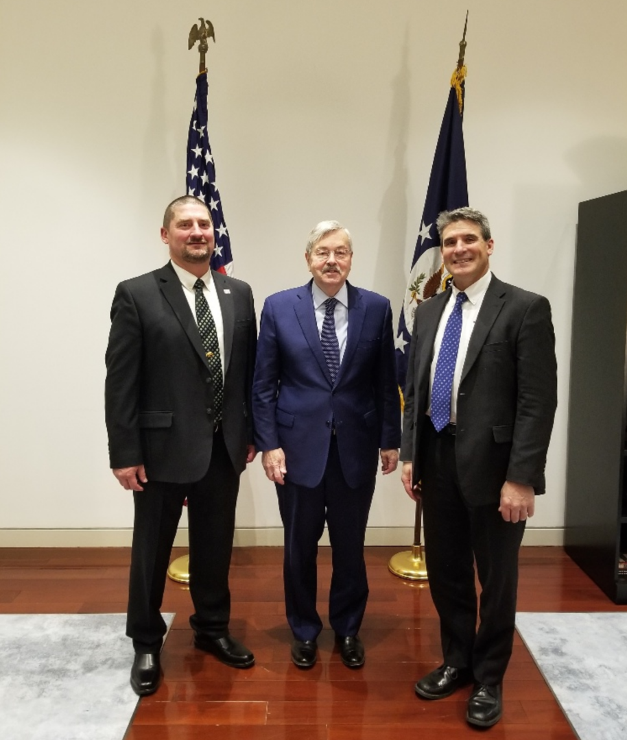 Tim Bardole (left) Ambassador Branstad, Lindsay Greiner 2019 China Trade Mission